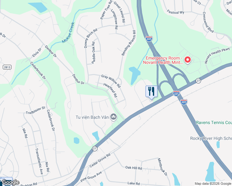 map of restaurants, bars, coffee shops, grocery stores, and more near 8626 Heartleaf Road in Charlotte