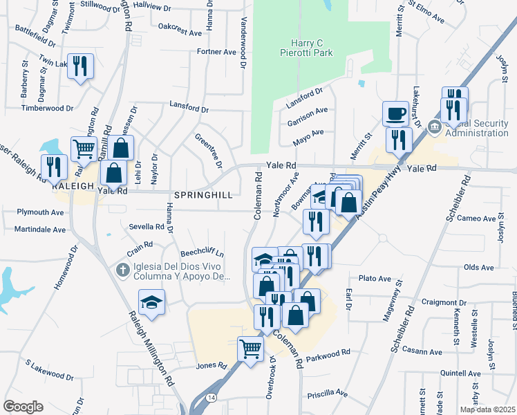 map of restaurants, bars, coffee shops, grocery stores, and more near 3442 Coleman Road in Memphis