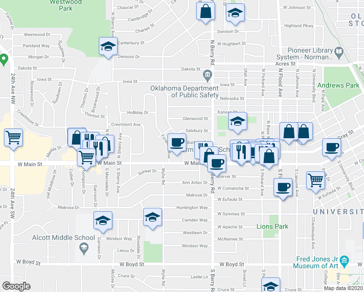 map of restaurants, bars, coffee shops, grocery stores, and more near 1328 Barbour Street in Norman
