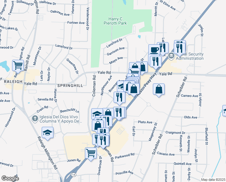 map of restaurants, bars, coffee shops, grocery stores, and more near 3450 Bowman Avenue in Memphis