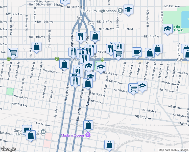 map of restaurants, bars, coffee shops, grocery stores, and more near 706 North Buchanan Street in Amarillo