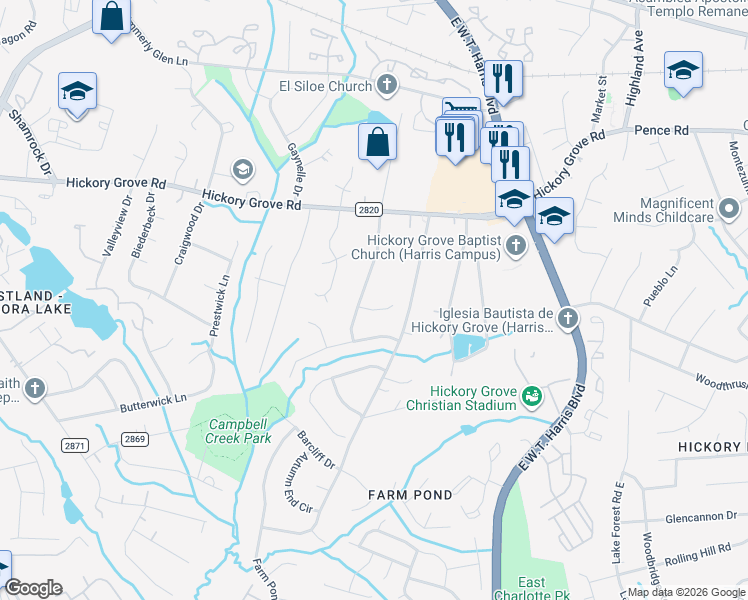 map of restaurants, bars, coffee shops, grocery stores, and more near 4733 Hobbs Hill Drive in Charlotte