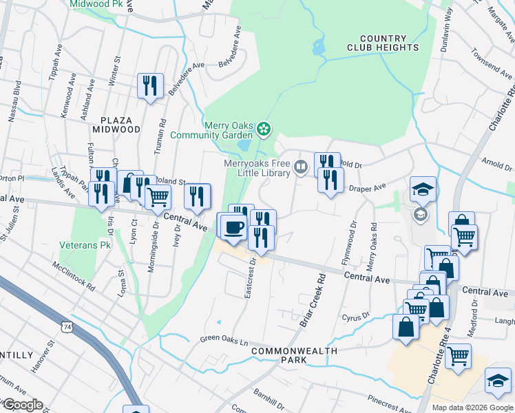 map of restaurants, bars, coffee shops, grocery stores, and more near in Charlotte