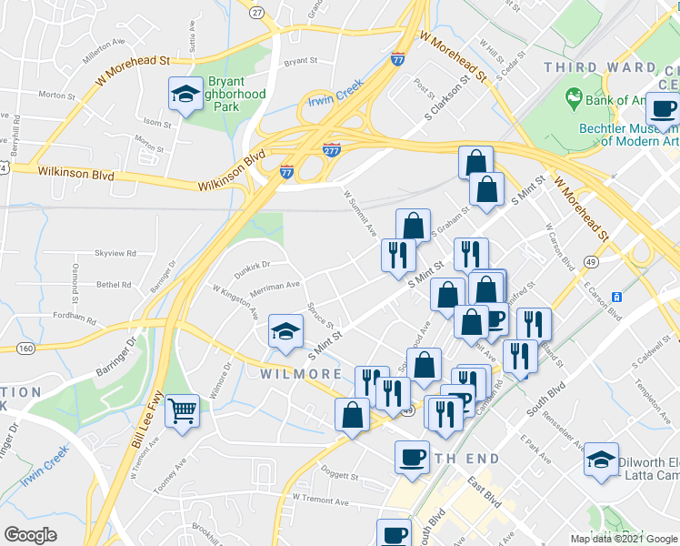 map of restaurants, bars, coffee shops, grocery stores, and more near in Charlotte