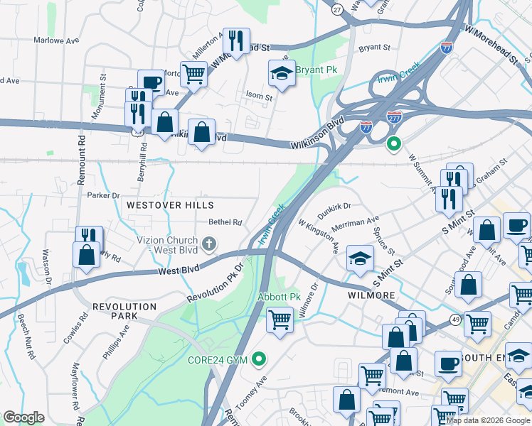 map of restaurants, bars, coffee shops, grocery stores, and more near 2114 Barringer Drive in Charlotte