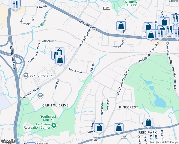 map of restaurants, bars, coffee shops, grocery stores, and more near 4016 Plato Circle in Charlotte