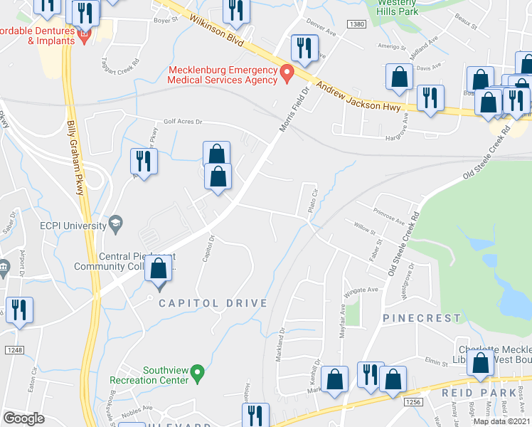 map of restaurants, bars, coffee shops, grocery stores, and more near 3212 Seymour Drive in Charlotte