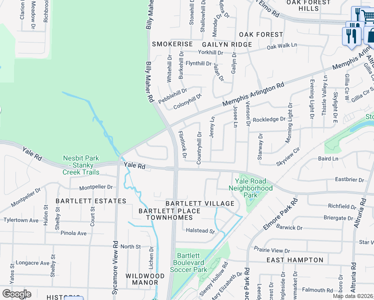 map of restaurants, bars, coffee shops, grocery stores, and more near 3452 Flintlock Drive in Memphis