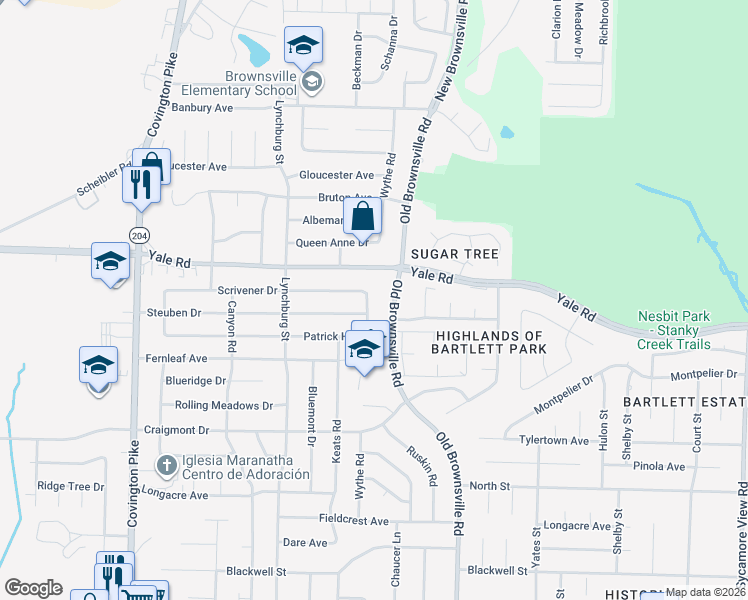map of restaurants, bars, coffee shops, grocery stores, and more near 3443 Wythe Road in Memphis