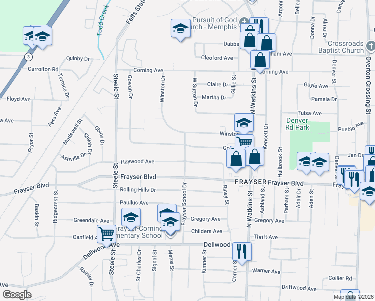 map of restaurants, bars, coffee shops, grocery stores, and more near 1631 Gowan Drive in Memphis