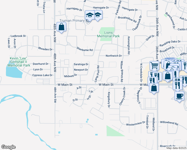 map of restaurants, bars, coffee shops, grocery stores, and more near 213 Victory Drive in Norman