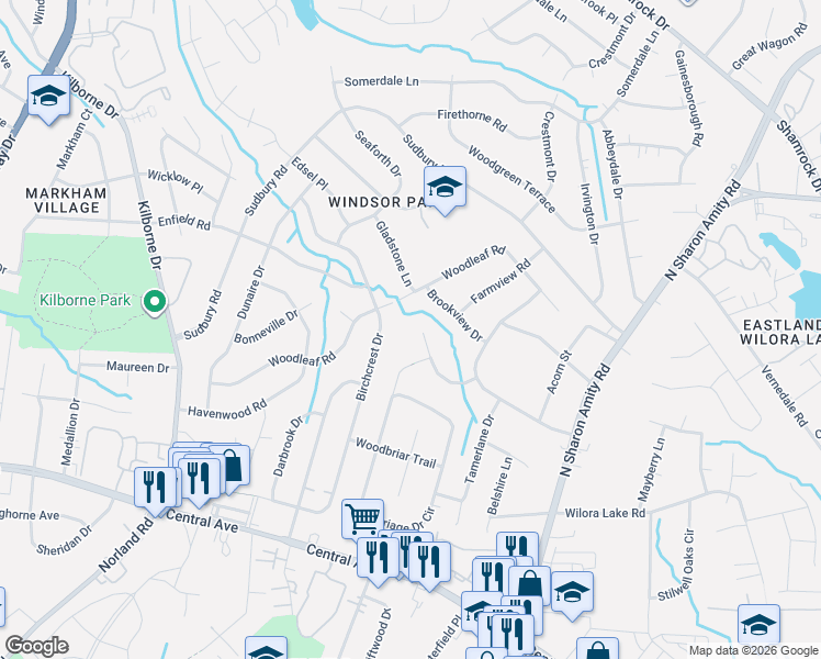 map of restaurants, bars, coffee shops, grocery stores, and more near 4004 Larkspur Lane in Charlotte