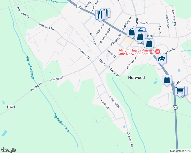 map of restaurants, bars, coffee shops, grocery stores, and more near 105 North Kendall Street in Norwood