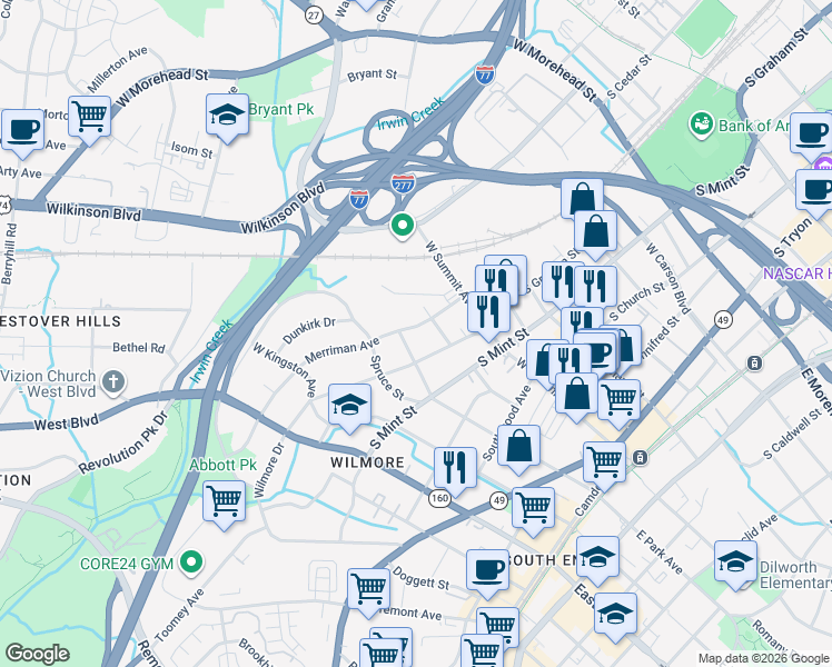 map of restaurants, bars, coffee shops, grocery stores, and more near in Charlotte
