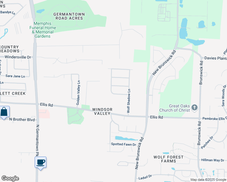 map of restaurants, bars, coffee shops, grocery stores, and more near 3446 Wolf Spring Lane in Bartlett