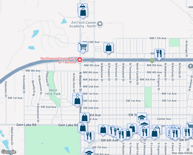 map of restaurants, bars, coffee shops, grocery stores, and more near 306 North Forest Street in Amarillo