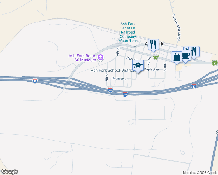 map of restaurants, bars, coffee shops, grocery stores, and more near 727 Franklin Avenue in Ash Fork