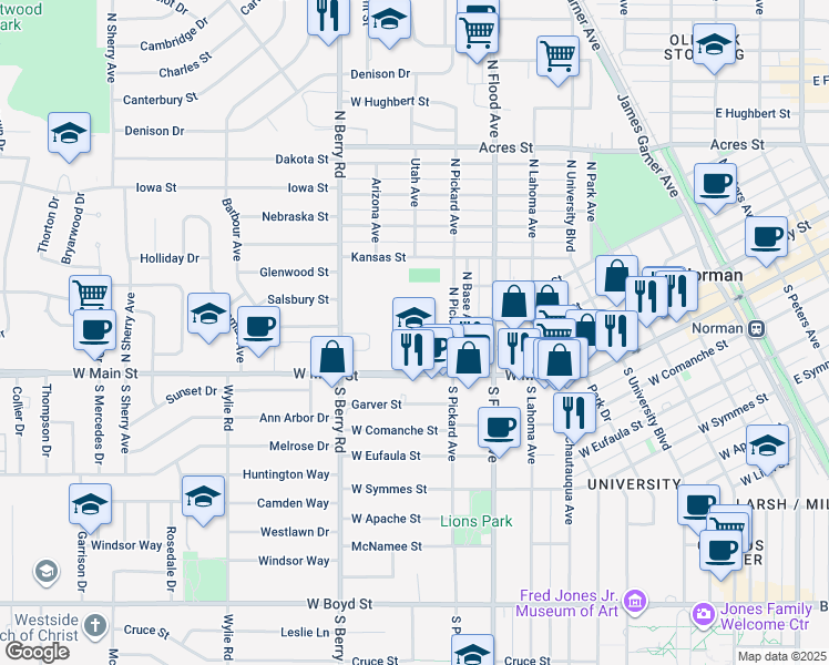 map of restaurants, bars, coffee shops, grocery stores, and more near 911 West Main Street in Norman