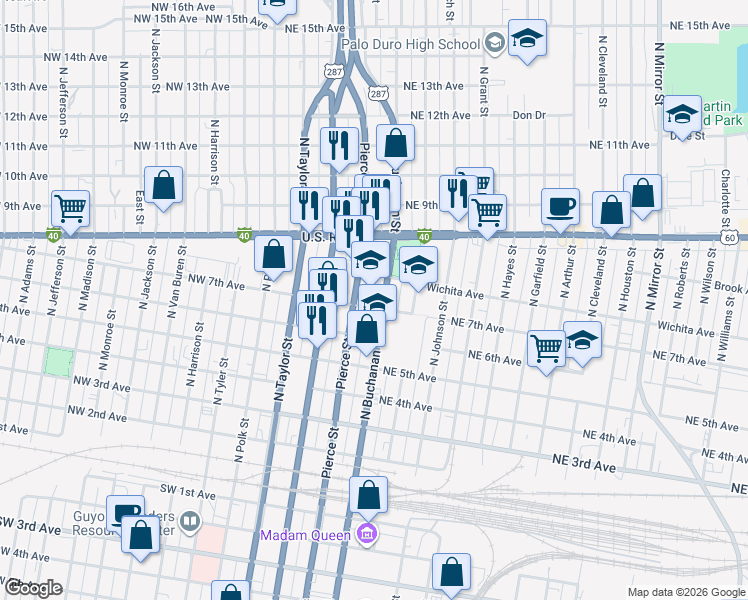 map of restaurants, bars, coffee shops, grocery stores, and more near 708 North Pierce Street in Amarillo