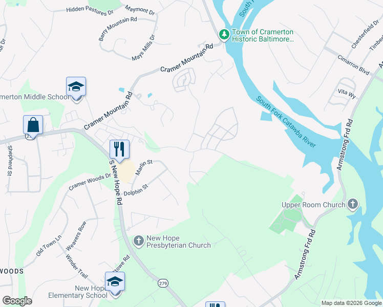 map of restaurants, bars, coffee shops, grocery stores, and more near 247 Hamrick Road in Cramerton