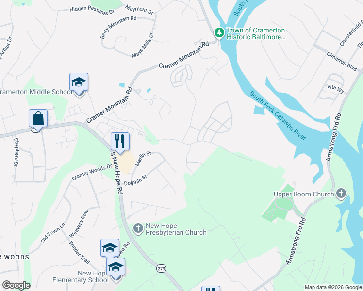 map of restaurants, bars, coffee shops, grocery stores, and more near 101 Cramerton Mills Parkway in Cramerton
