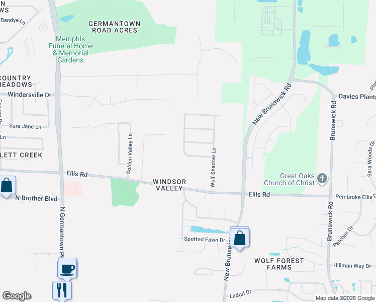 map of restaurants, bars, coffee shops, grocery stores, and more near 3446 Wolf Spring Lane in Bartlett