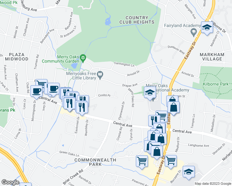 map of restaurants, bars, coffee shops, grocery stores, and more near 1819 Pickens Court in Charlotte
