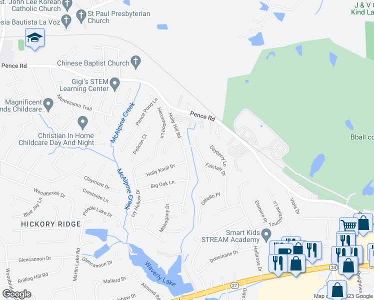 map of restaurants, bars, coffee shops, grocery stores, and more near 7801 Holly Hill Road in Charlotte