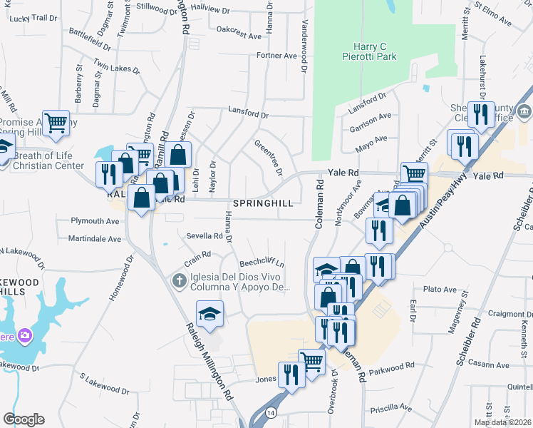 map of restaurants, bars, coffee shops, grocery stores, and more near 4292 Riche Road in Memphis