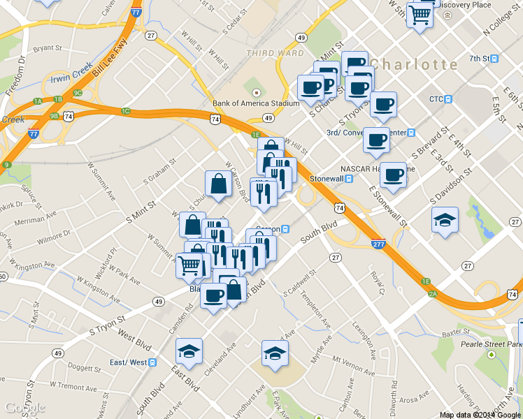 map of restaurants, bars, coffee shops, grocery stores, and more near 1150 S Tryon St in Charlotte