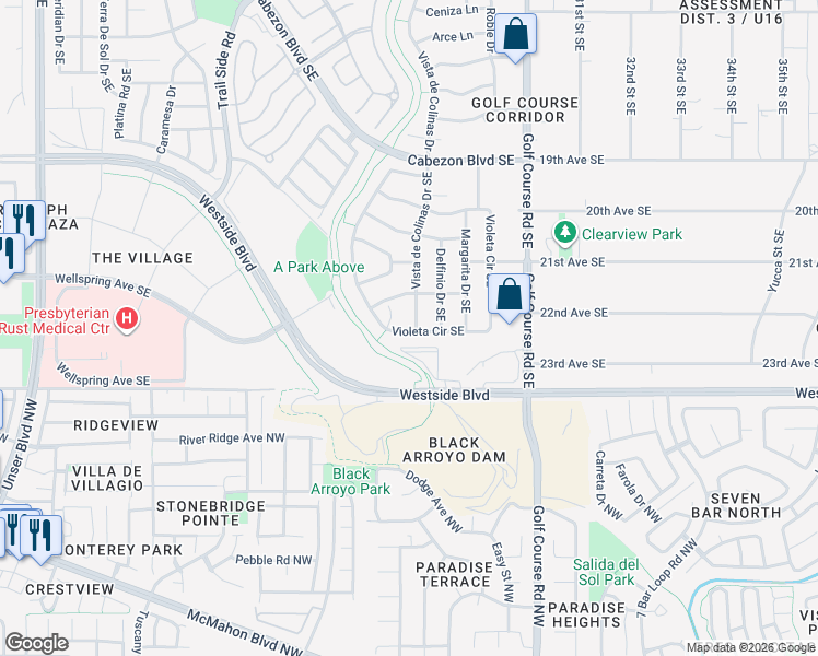 map of restaurants, bars, coffee shops, grocery stores, and more near 2326 Vista de Colinas Drive in Rio Rancho