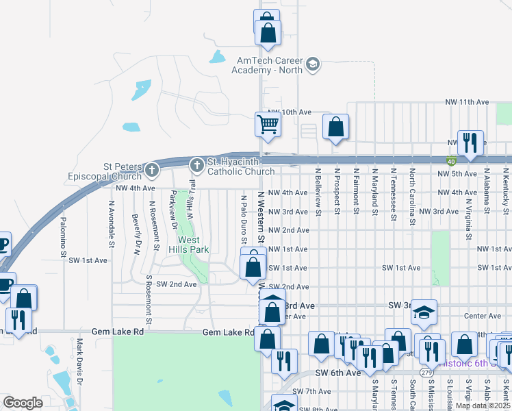 map of restaurants, bars, coffee shops, grocery stores, and more near 305 North Western Street in Amarillo