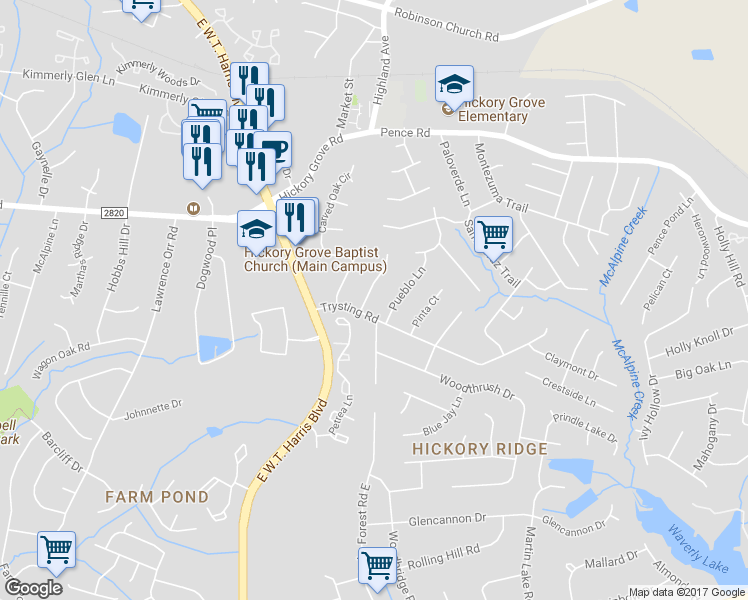 map of restaurants, bars, coffee shops, grocery stores, and more near 6615 Woodwedge Drive in Charlotte