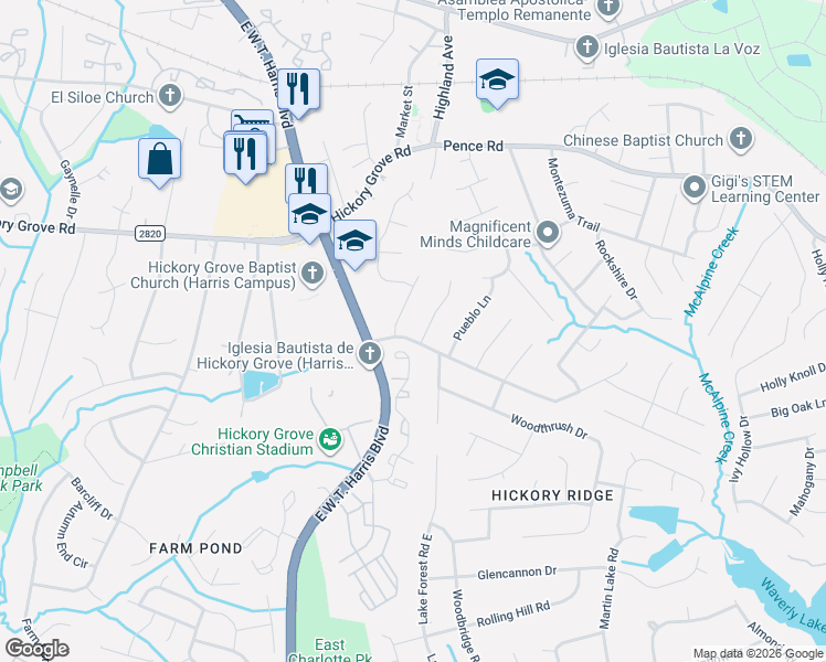 map of restaurants, bars, coffee shops, grocery stores, and more near 6615 Woodwedge Drive in Charlotte