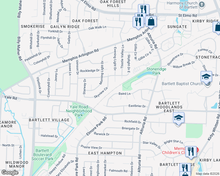 map of restaurants, bars, coffee shops, grocery stores, and more near 3464 Evening Light Drive in Memphis
