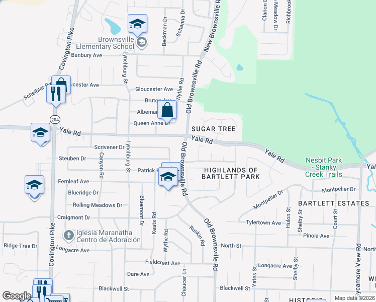 map of restaurants, bars, coffee shops, grocery stores, and more near 3446 Old Brownsville Road in Bartlett