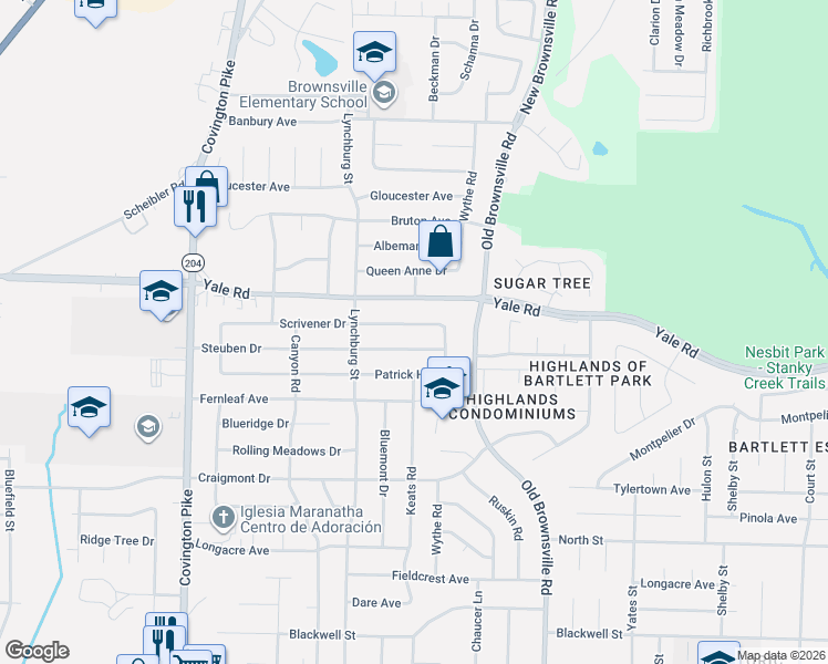 map of restaurants, bars, coffee shops, grocery stores, and more near 5322 Scrivener Drive in Bartlett