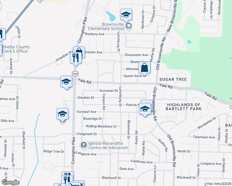 map of restaurants, bars, coffee shops, grocery stores, and more near 5227 Scrivener Drive in Memphis