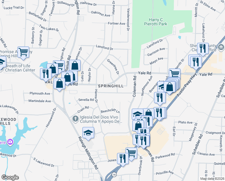 map of restaurants, bars, coffee shops, grocery stores, and more near 4292 Riche Road in Memphis