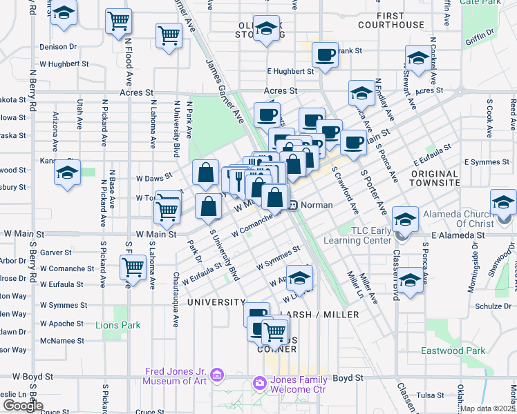 map of restaurants, bars, coffee shops, grocery stores, and more near 118 West Main Street in Norman