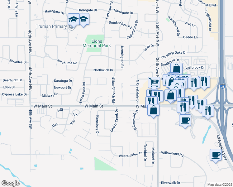 map of restaurants, bars, coffee shops, grocery stores, and more near 203 Willow Branch Road in Norman