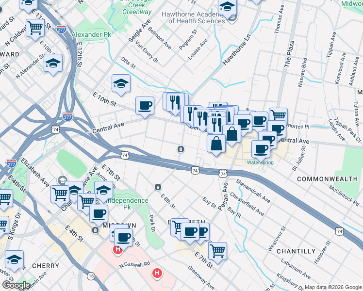 map of restaurants, bars, coffee shops, grocery stores, and more near Hawthorne Ln & Sunnyside Ave in Charlotte