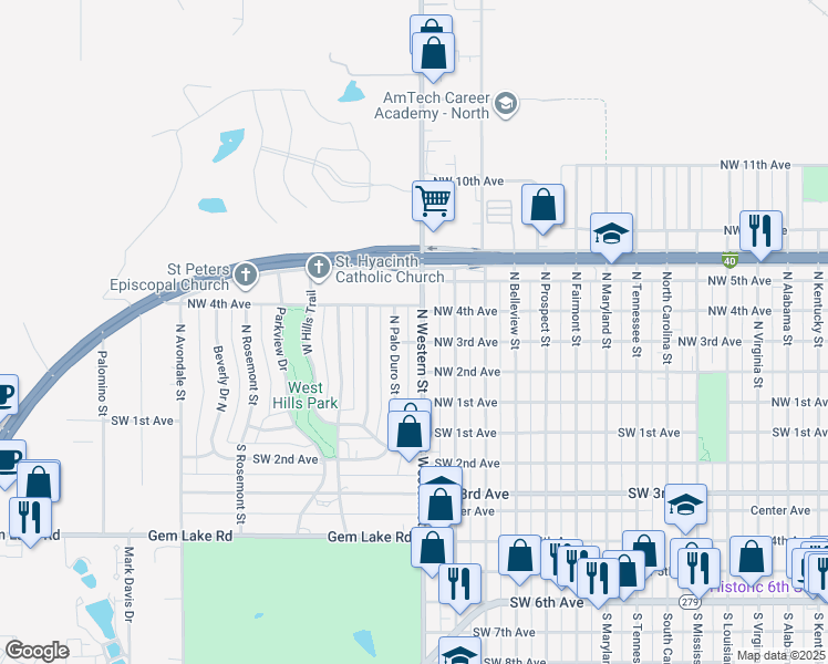 map of restaurants, bars, coffee shops, grocery stores, and more near 305 North Western Street in Amarillo