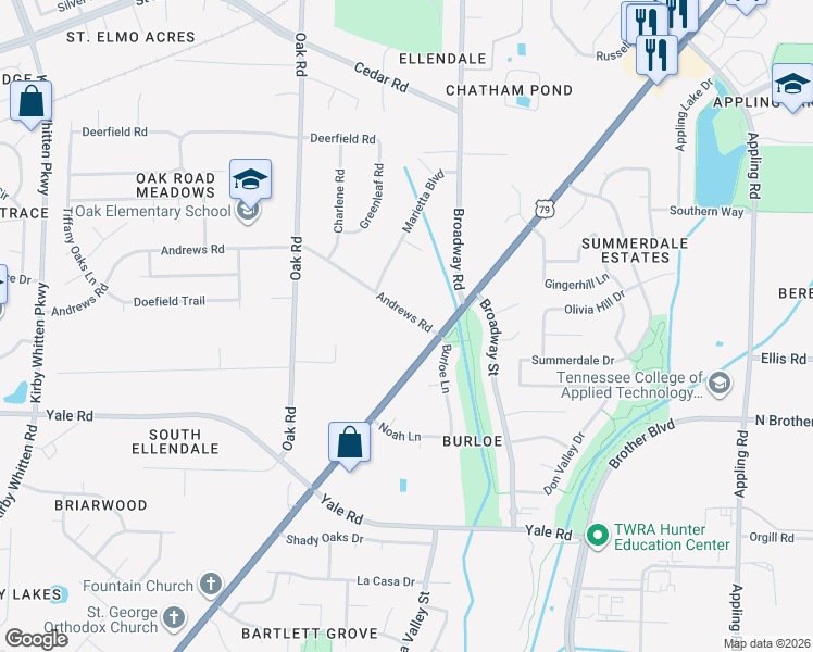 map of restaurants, bars, coffee shops, grocery stores, and more near 7257 Andrews Road in Memphis
