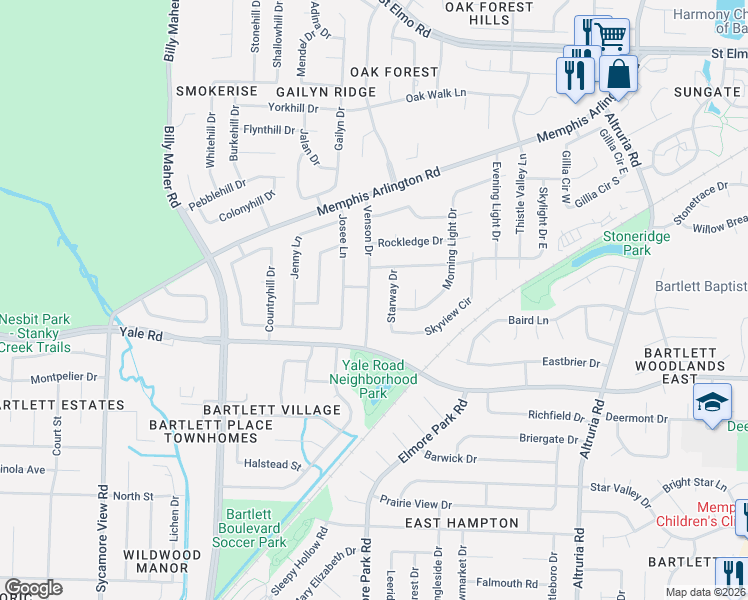 map of restaurants, bars, coffee shops, grocery stores, and more near 3453 Starway Drive in Bartlett