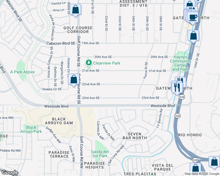 map of restaurants, bars, coffee shops, grocery stores, and more near 3204 22nd Avenue Southeast in Rio Rancho