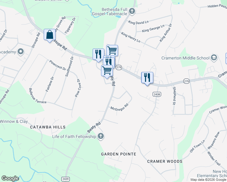 map of restaurants, bars, coffee shops, grocery stores, and more near 2606 Beaty Road in Gastonia