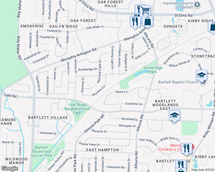 map of restaurants, bars, coffee shops, grocery stores, and more near 3464 Evening Light Drive in Memphis