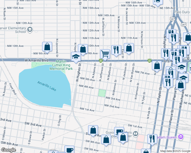 map of restaurants, bars, coffee shops, grocery stores, and more near 507 North Jefferson Street in Amarillo