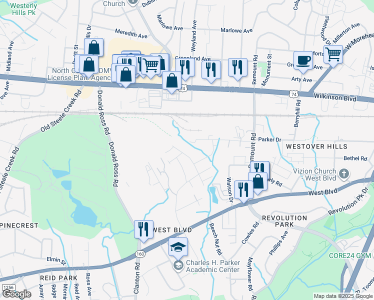 map of restaurants, bars, coffee shops, grocery stores, and more near 2532 Doctor Carver Road in Charlotte